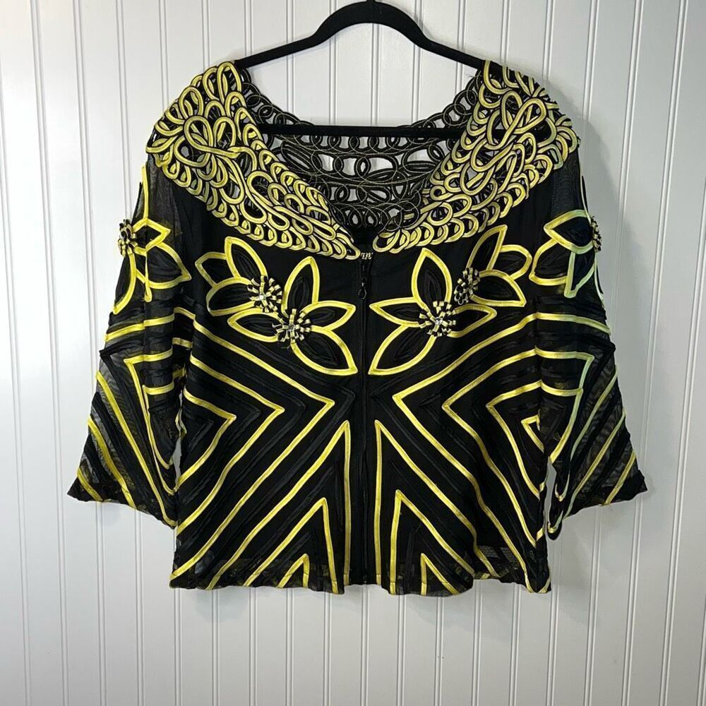 Susanna Ribbon Full Zip Top Women’s Size 3 XLarge Yellow Black Floral Ribbon